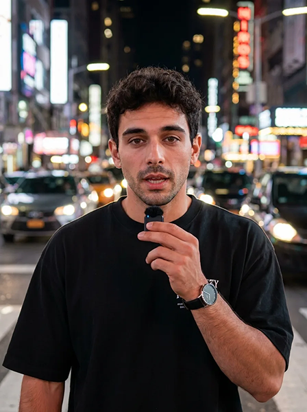 Creator recording a talking-head video in Tokyo at night