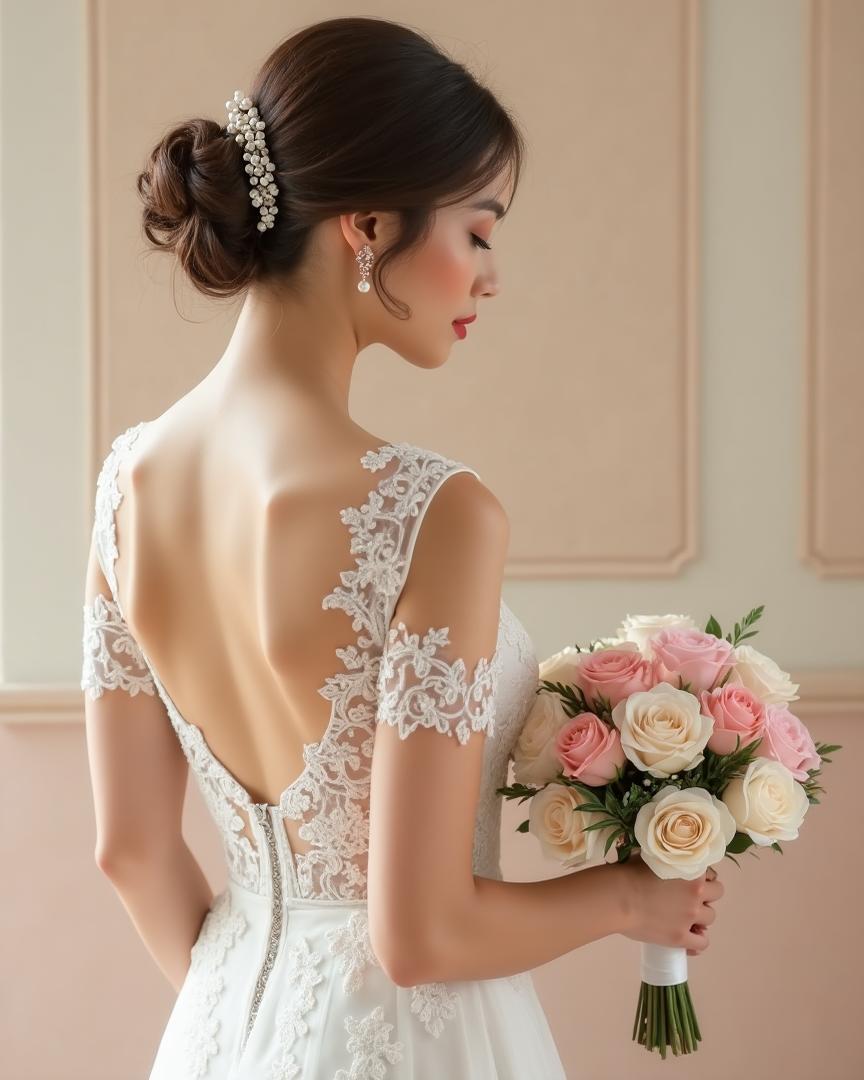 Elegant bride in ivory lace gown holding blush pink and white rose bouquet