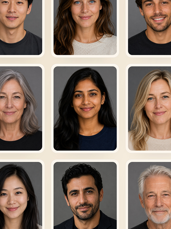 Character System portrait grid with consistent AI faces
