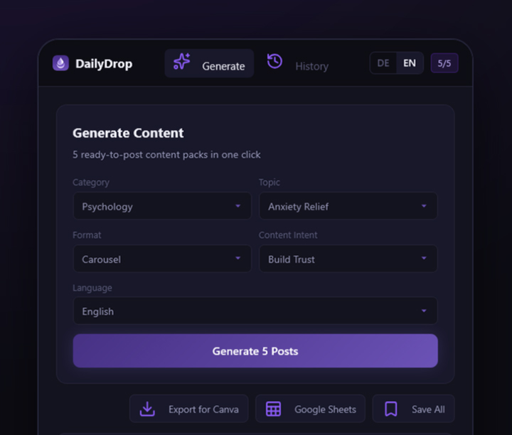 DailyDrop interface for generating five content packs with Canva and Google Sheets export