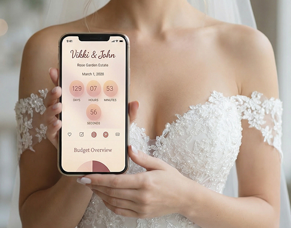 Bride holding a phone showing the wedding planner interface
